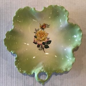 Vintage Lime Green Nappy/Trinket Dish With Floral Design And Scalloped Edge 8” W